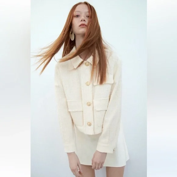 Zara Tweed Textured Gold Buttons Pockets Spring Cream Blazer Jacket Size Large - Picture 2 of 11